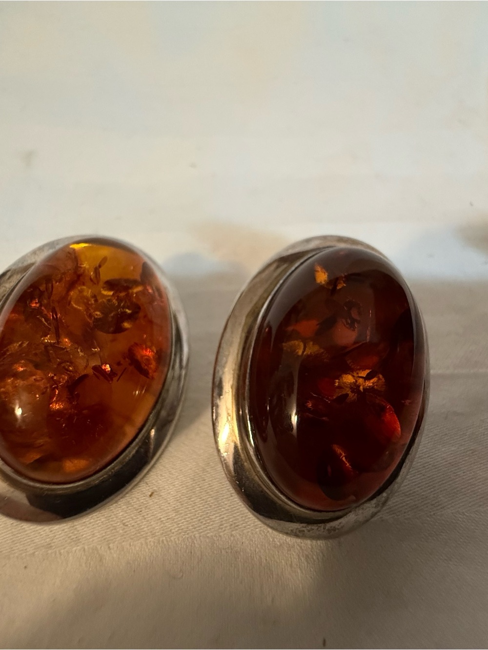 Amber Cabochon Sterling Silver Oval Clip Earrings - Deep Honey Brown